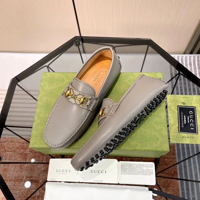 Gucci Horsebit 1955 Gray Leather GG Web Loafers 6