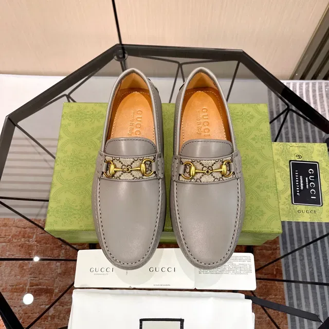 Gucci Horsebit 1955 Gray Leather GG Web Loafers 7