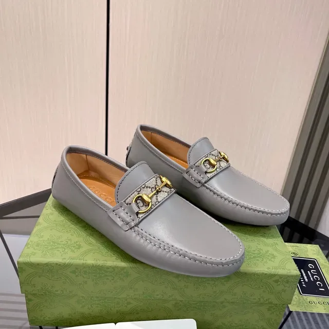 Gucci Horsebit 1955 Gray Leather GG Web Loafers 8