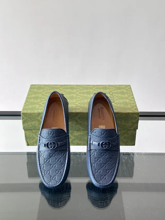 Gucci Horsebit 1955 Navy Beige Pebbled Leather Buckle Loafer 4