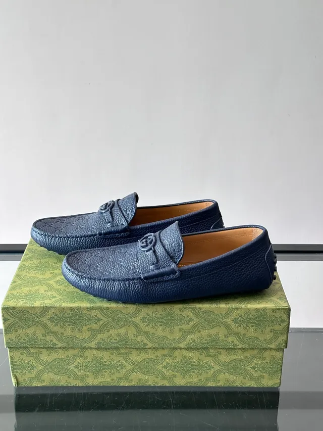 Gucci Horsebit 1955 Navy Beige Pebbled Leather Buckle Loafer 5