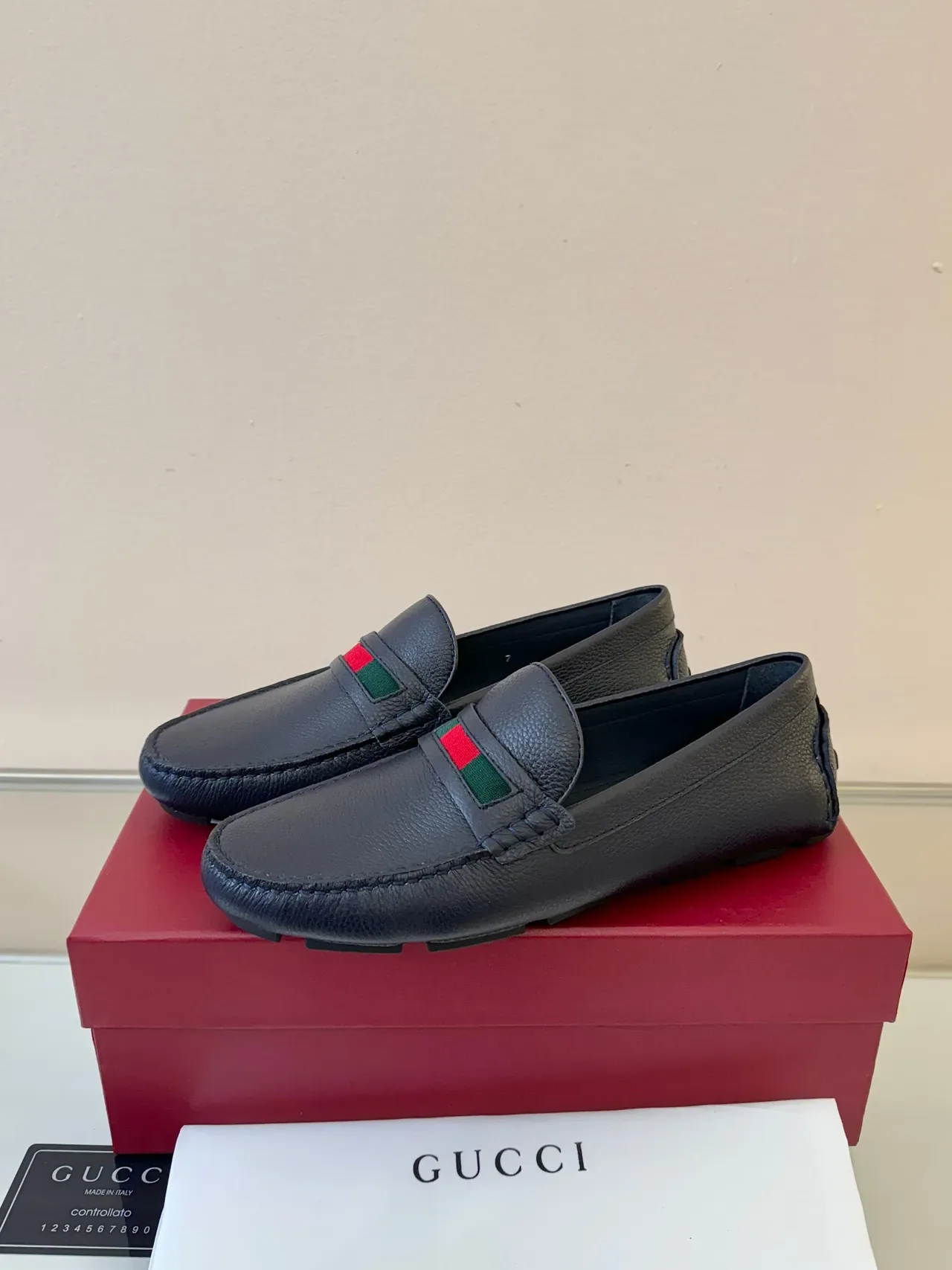 Gucci Horsebit 1955 Navy Green Pebbled Leather Web Stripe Strap Loafer 2