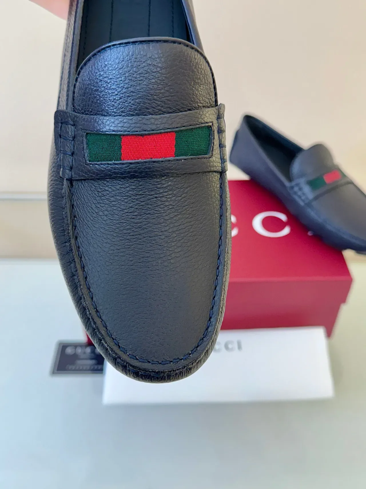 Gucci Horsebit 1955 Navy Green Pebbled Leather Web Stripe Strap Loafer 3