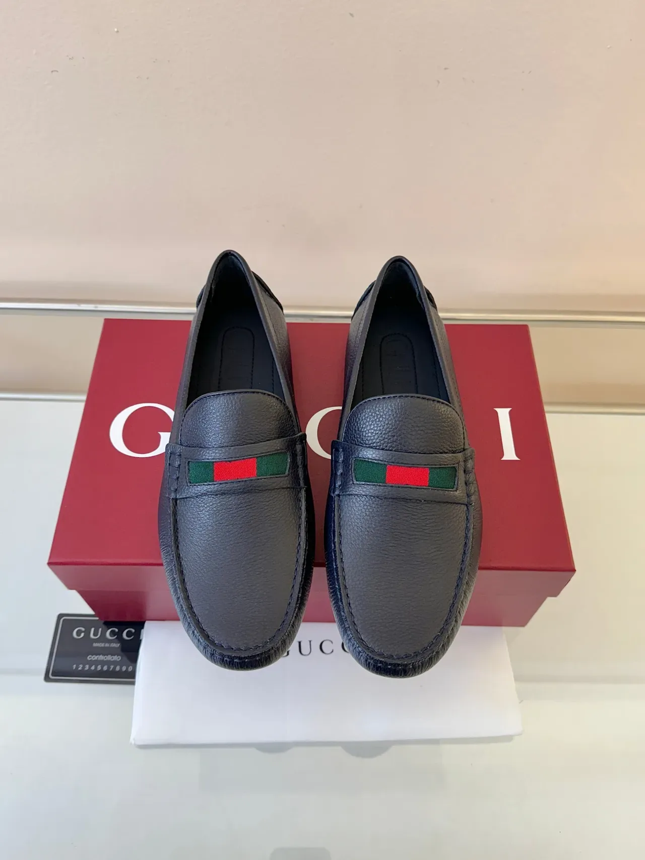 Gucci Horsebit 1955 Navy Green Pebbled Leather Web Stripe Strap Loafer 6