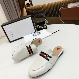 Gucci Horsebit 1955 White Navy Leather Mule Web Stripe Accent Loafer