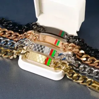 Gucci ID Bracelet Gold Multicolor Chunky Curb Chain Engraved Rectangular Plate Bracelet