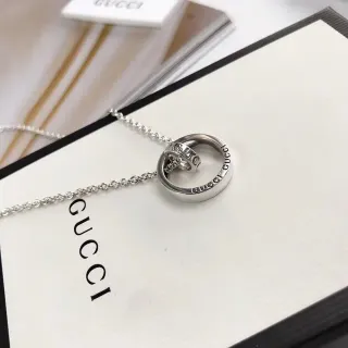 Gucci Interlocking Double Ring Engraved Logo Silver Necklace