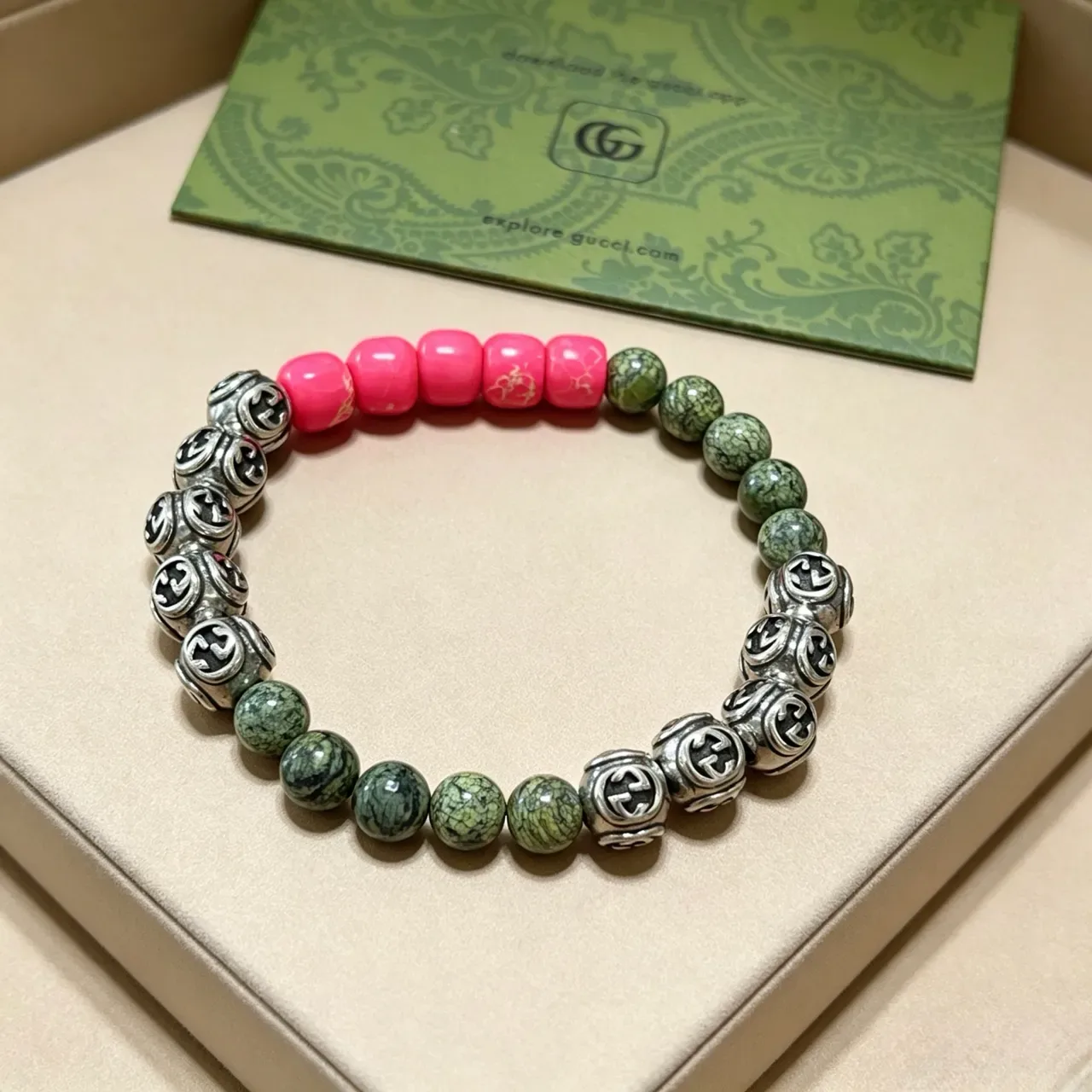Gucci Interlocking G Beaded Bracelet Pink Green Motif Bracelet 2