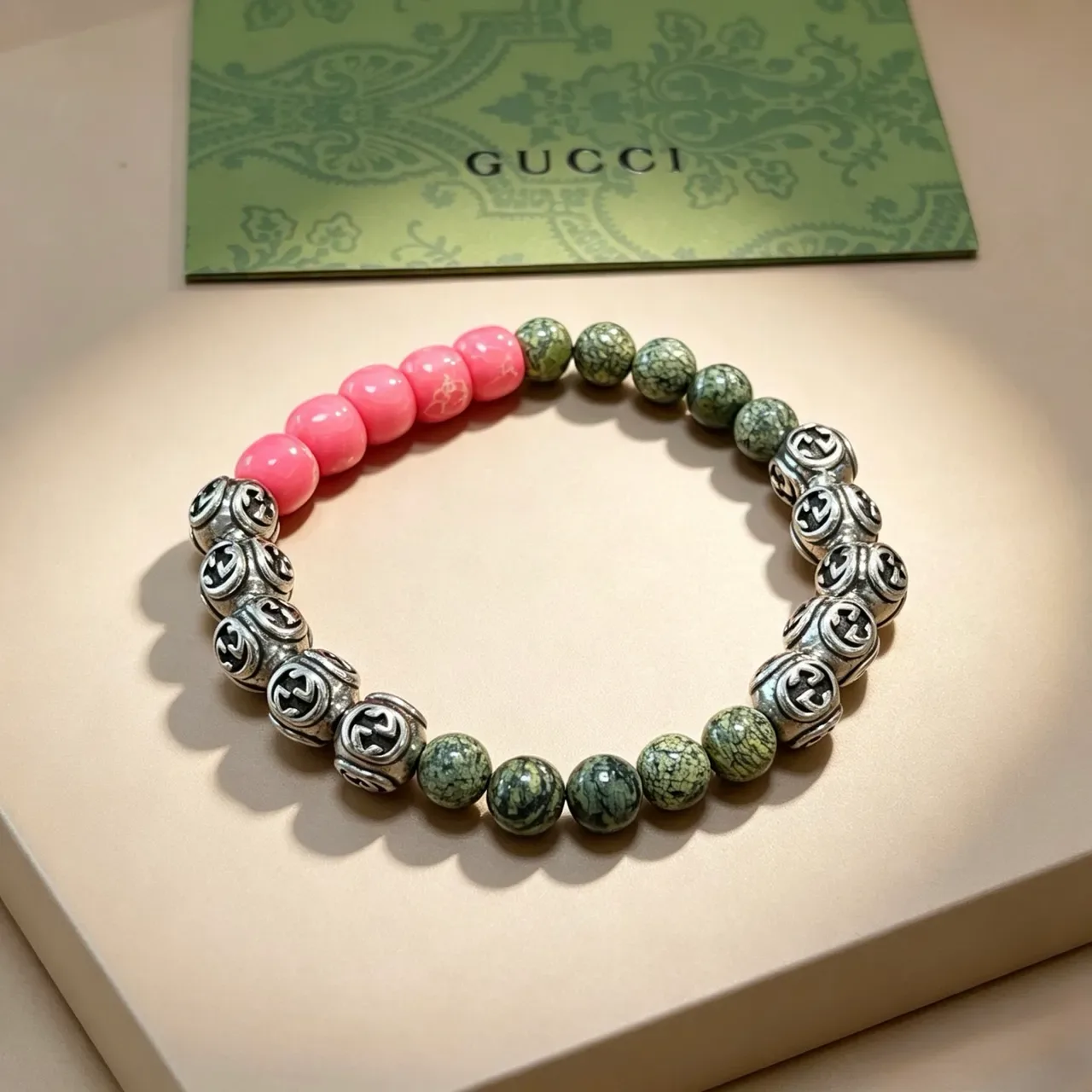 Gucci Interlocking G Beaded Bracelet Pink Green Motif Bracelet 4