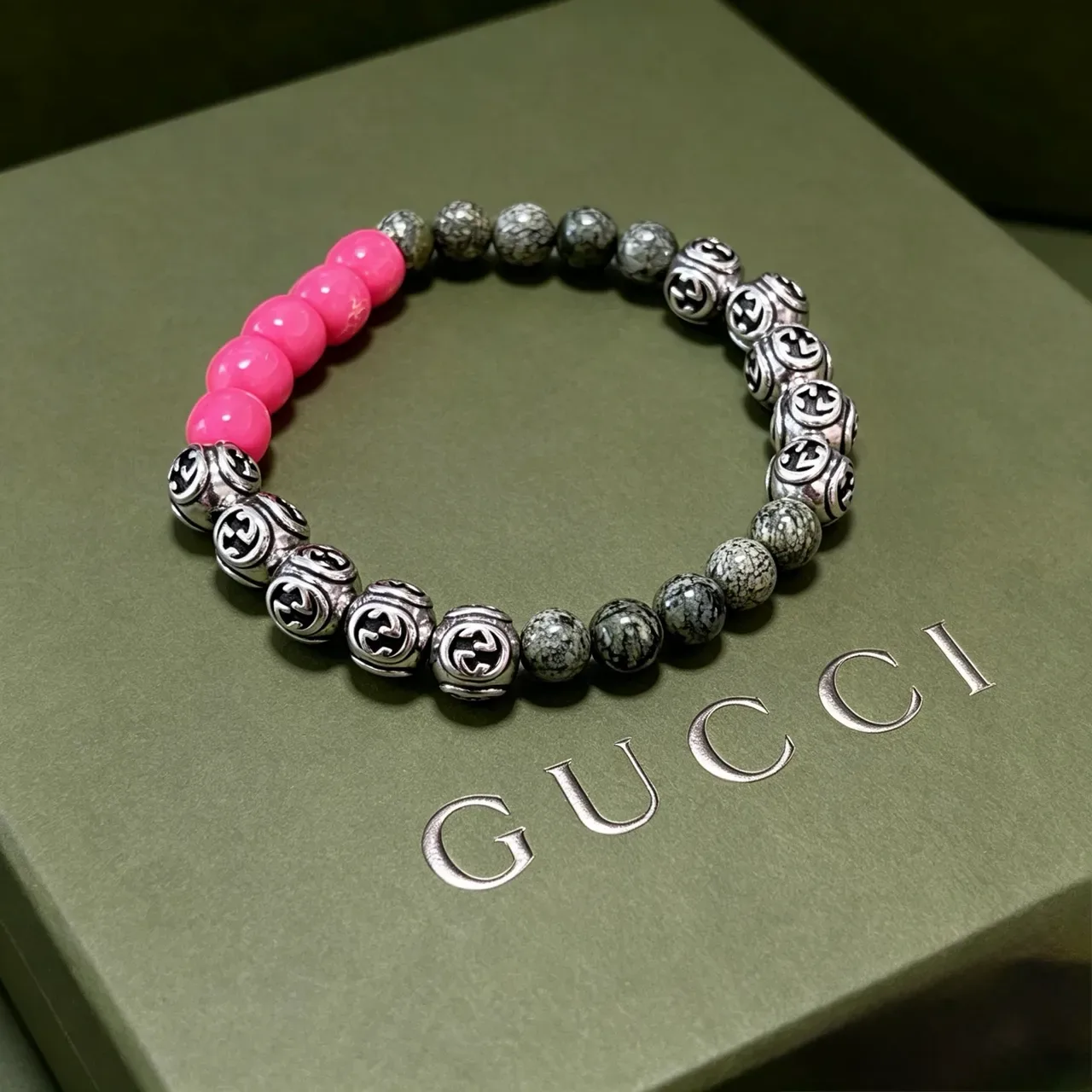 Gucci Interlocking G Beaded Bracelet Pink Green Motif Bracelet 6