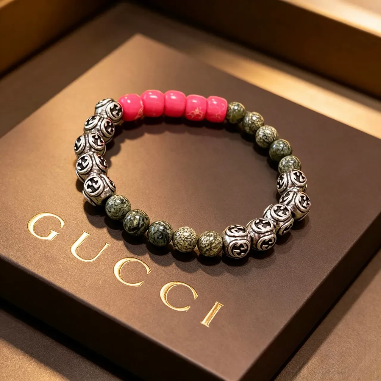 Gucci Interlocking G Beaded Bracelet Pink Green Motif Bracelet 9
