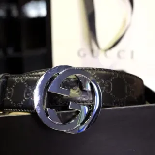 Gucci Interlocking G Belt Black Silver Buckle Embossed GG Monogram Leather Belt