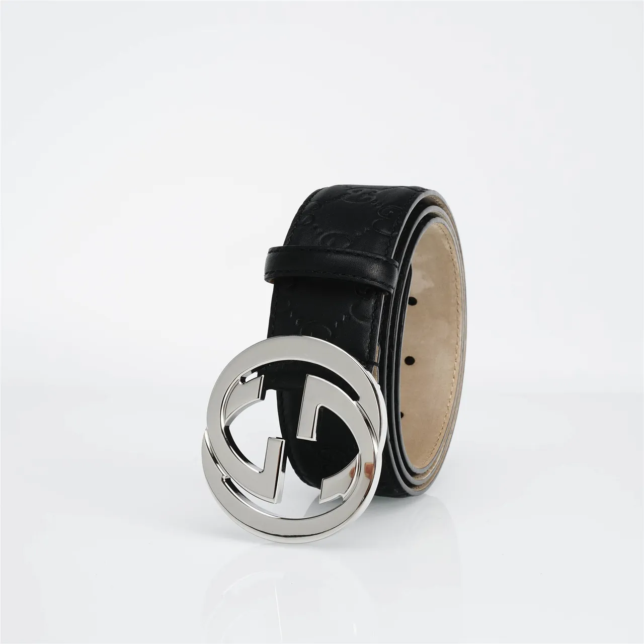 Ceinture Gucci Interlocking G Noir Argent Embossé GG Monogram Boucle Polie Cuir 6