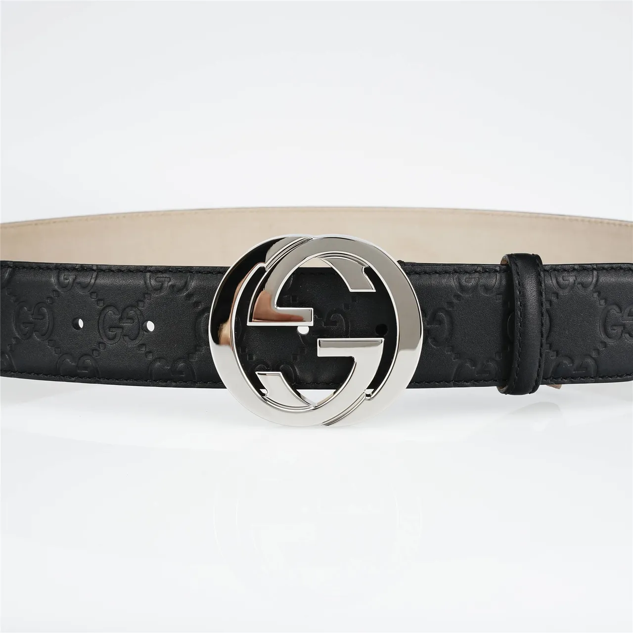Ceinture Gucci Interlocking G Noir Argent Embossé GG Monogram Boucle Polie Cuir 10