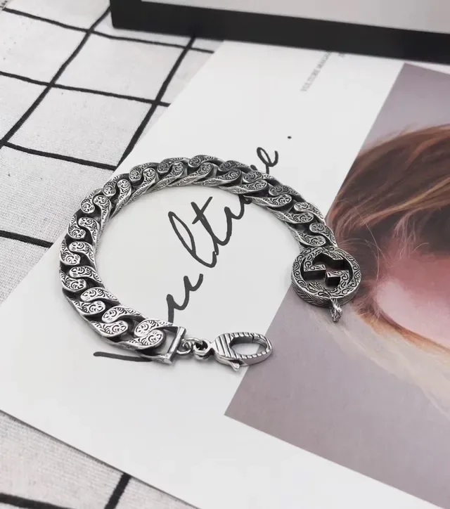 Gucci Interlocking G Engraved Curb-Link Silver Bracelet 2