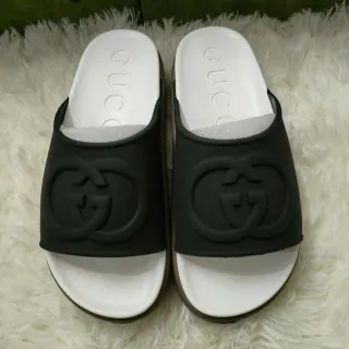 Gucci Interlocking G Logo Slide Black White Molded Rubber Strap Embossed Slippers