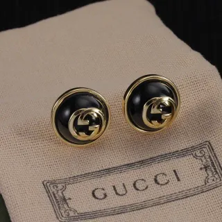 Gucci Interlocking G Logo Stud Black Gold Circular Enamel Earrings