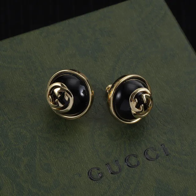 Gucci Interlocking G Logo Stud Black Gold Circular Enamel Earrings 3