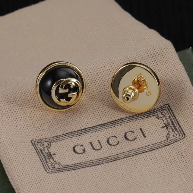 Gucci Interlocking G Logo Stud Black Gold Circular Enamel Earrings 4