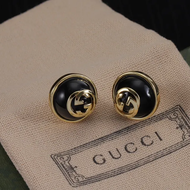 Gucci Interlocking G Logo Stud Black Gold Circular Enamel Earrings 5