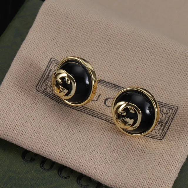 Gucci Interlocking G Logo Stud Black Gold Circular Enamel Earrings 6