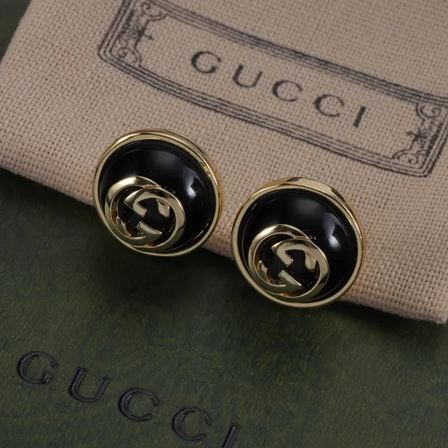 Gucci Interlocking G Logo Stud Black Gold Circular Enamel Earrings 7