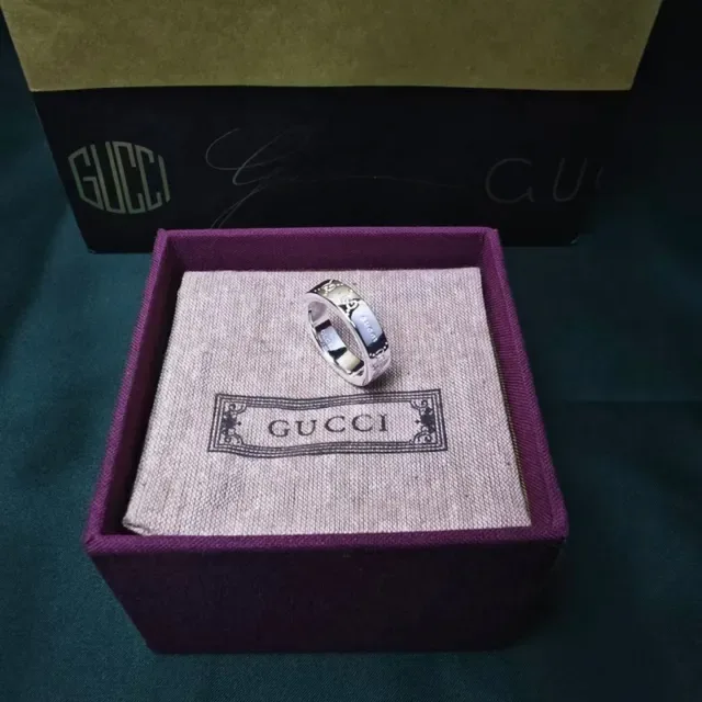 Gucci Interlocking G Silver Black Enamel Inlay Ring 6