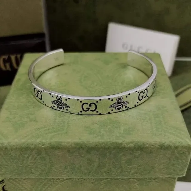 Gucci Monogram Bee Engraved Silver-Toned Cuff Bracelet 4