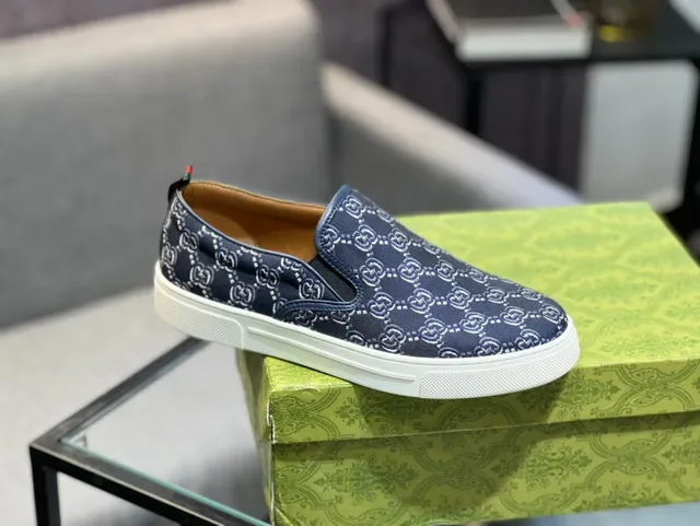 Gucci Navy White GG Monogram Toile Slip-On Construction Lifestyle Sneakers 2