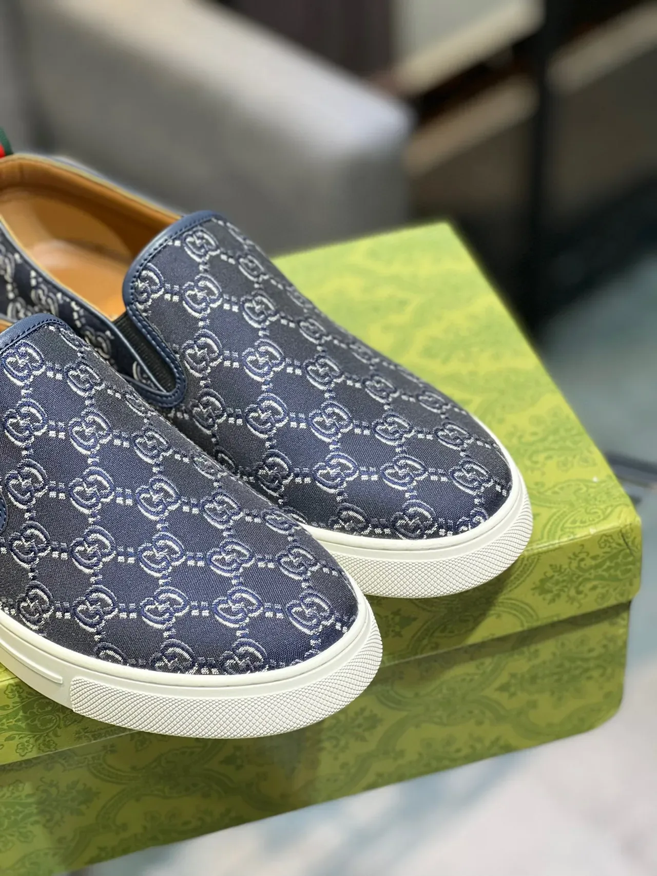 Gucci Navy White GG Monogram Toile Slip-On Construction Lifestyle Sneakers 3