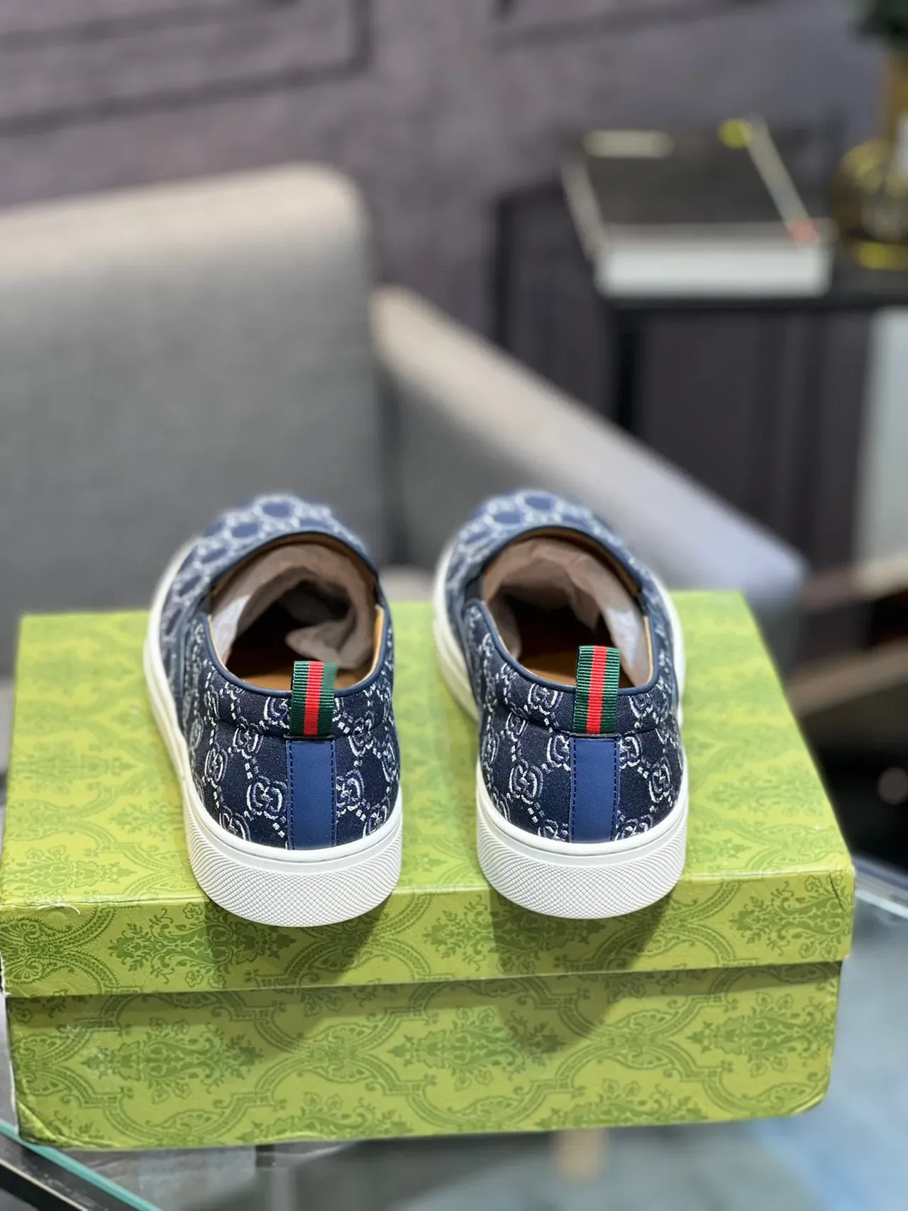 Gucci Navy White GG Monogram Toile Slip-On Construction Lifestyle Sneakers 4