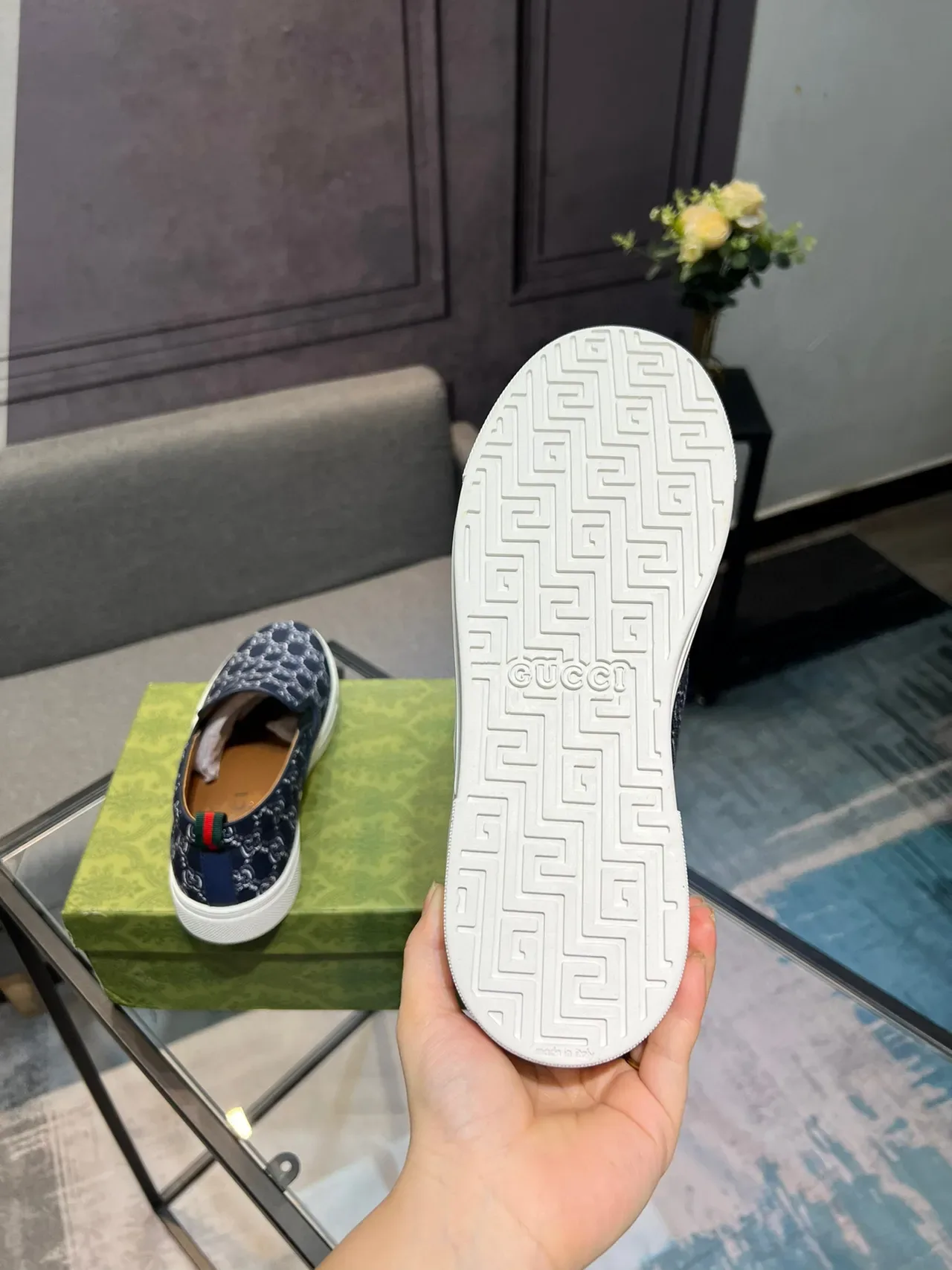 Gucci Navy White GG Monogram Toile Slip-On Construction Lifestyle Sneakers 5