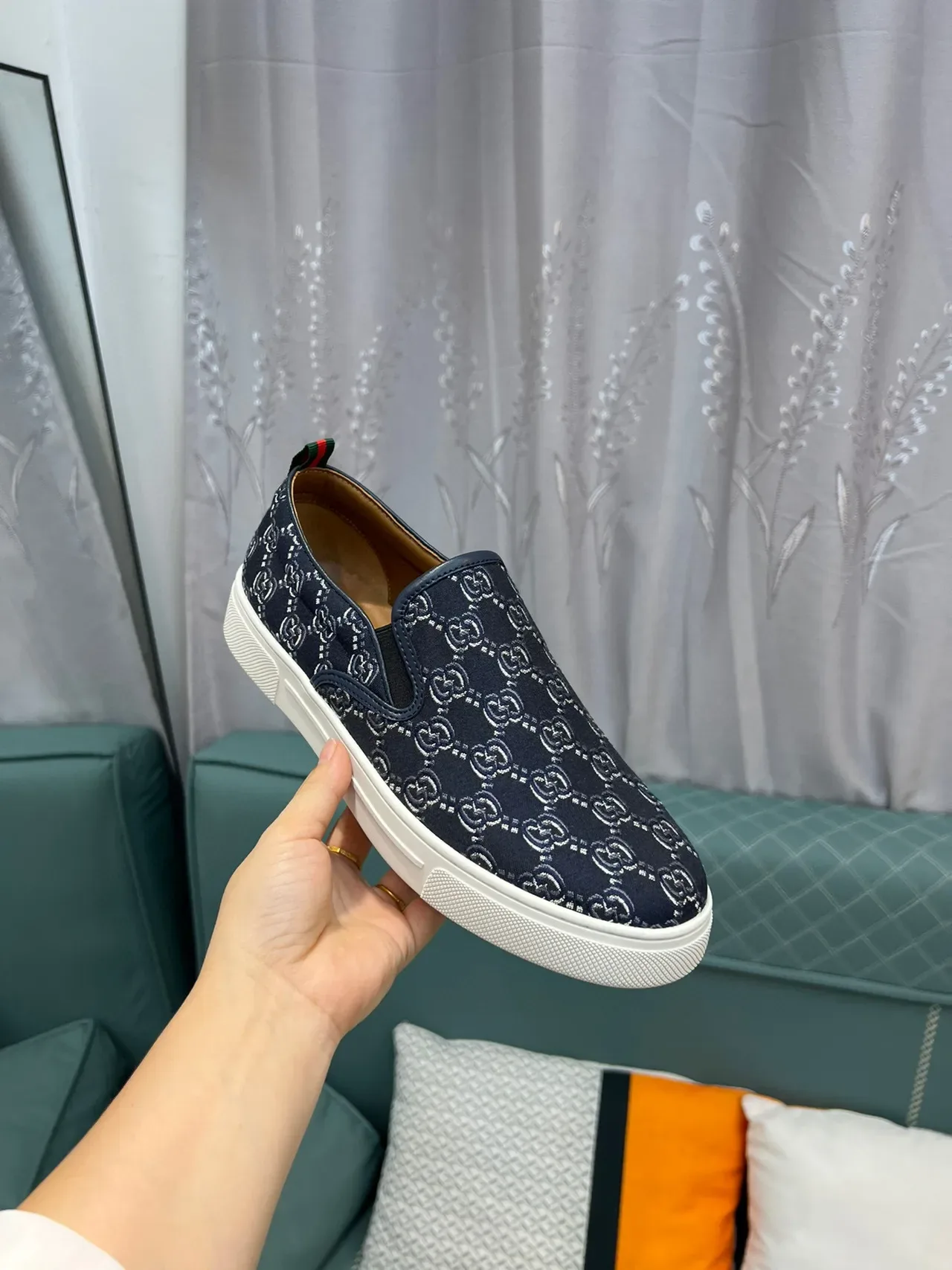 Gucci Navy White GG Monogram Toile Slip-On Construction Lifestyle Sneakers 6