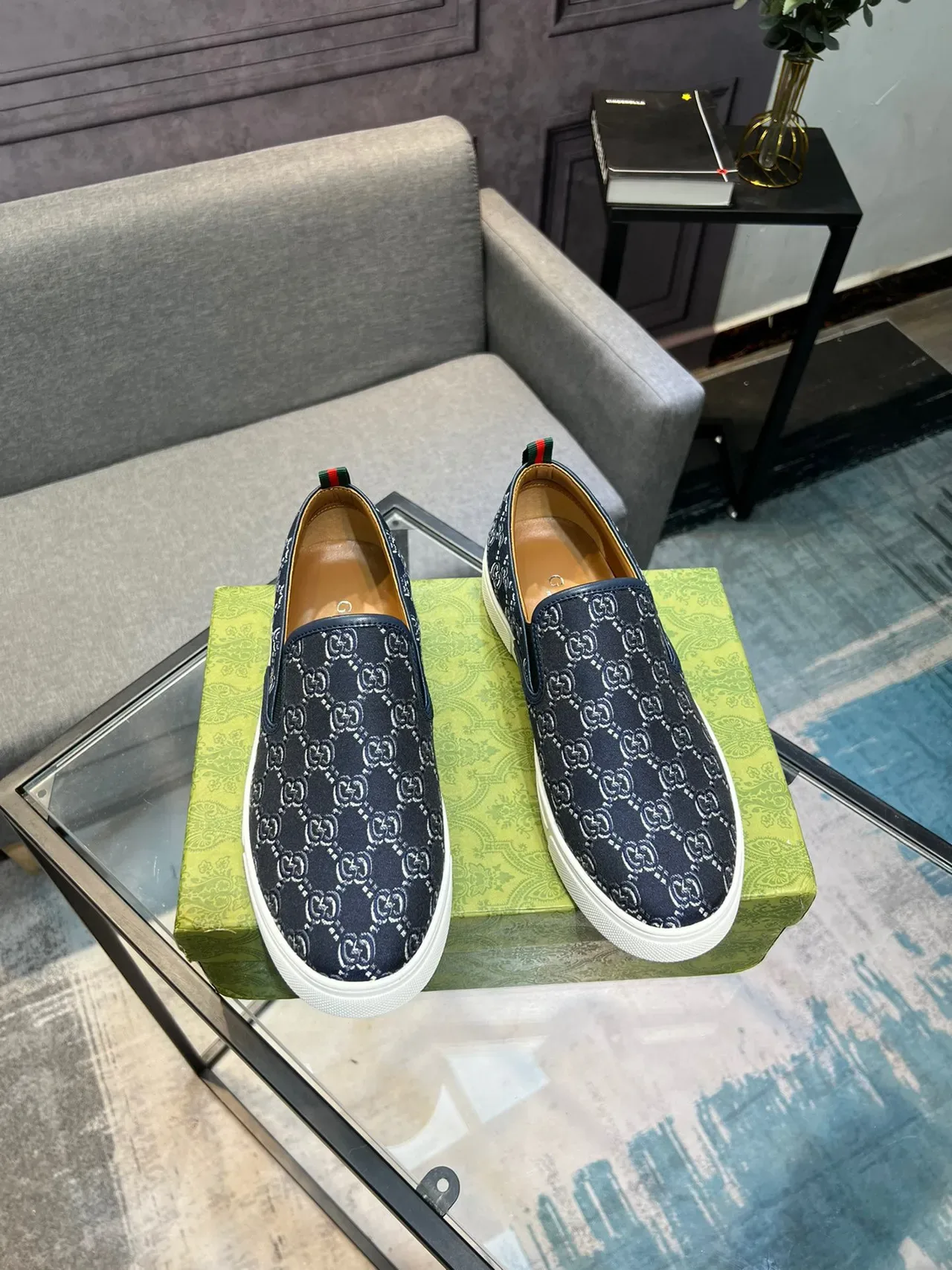 Gucci Navy White GG Monogram Toile Slip-On Construction Lifestyle Sneakers 7