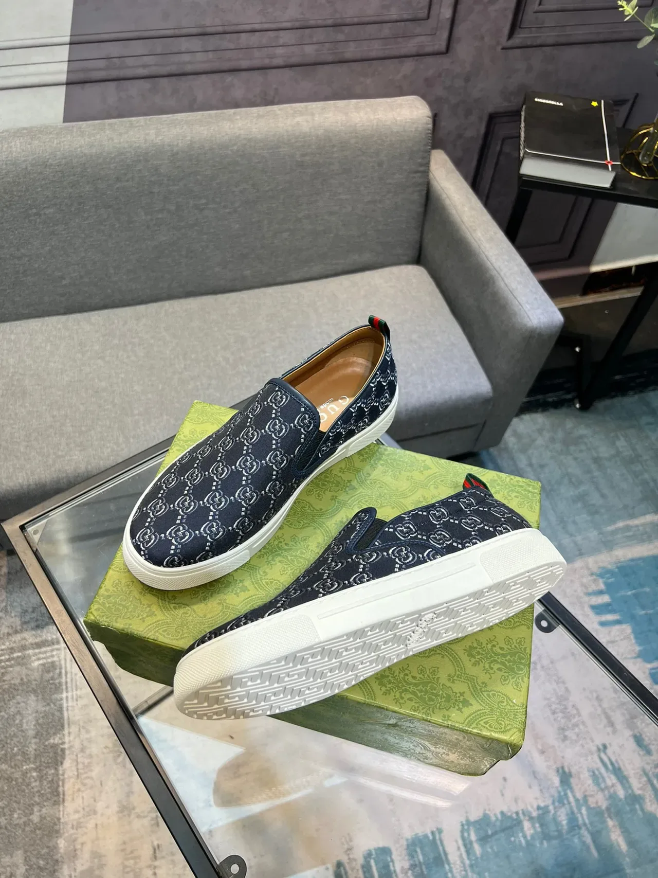 Gucci Navy White GG Monogram Toile Slip-On Construction Lifestyle Sneakers 8