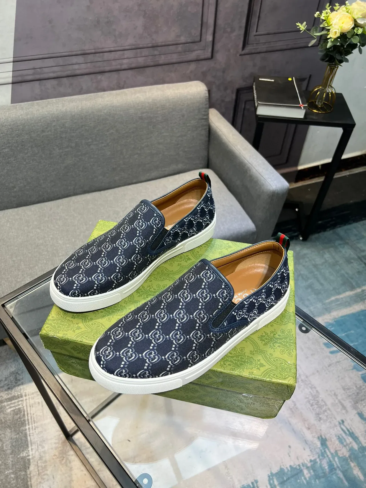 Gucci Navy White GG Monogram Toile Slip-On Construction Lifestyle Sneakers 9
