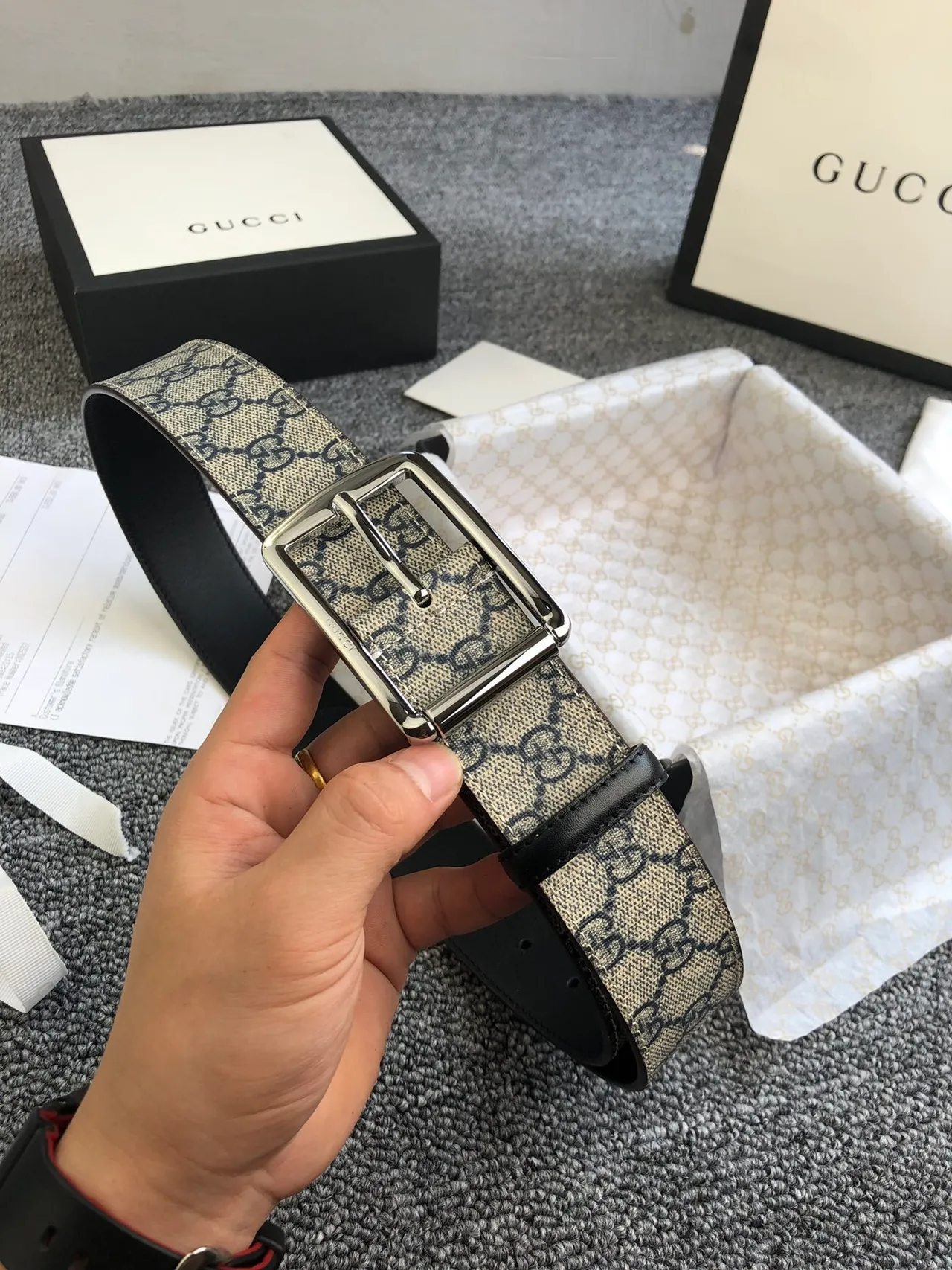 Gucci Ophidia 米色黑 GG Supreme 帆布 皮革腰带 9