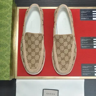 Gucci Ophidia 米棕 GG Monogram Canvas 模卡缝线 前片 Loafer