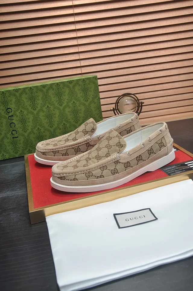 Gucci Ophidia Beige Brown GG Monogram Canvas Moccasin-Stitched Vamp Loafer 8