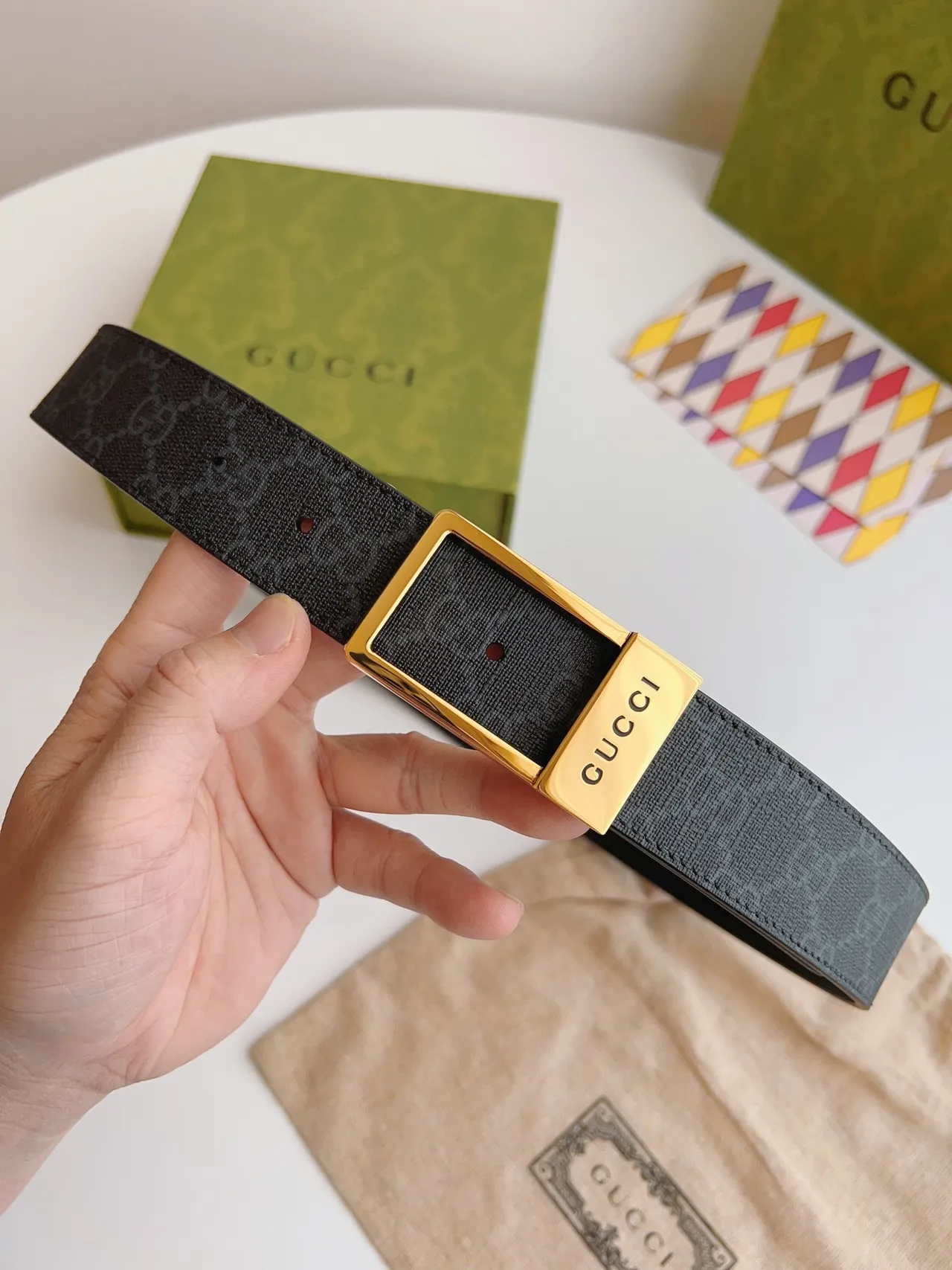 Gucci Ophidia Black Gold Monogram-Coated Rectangular Buckle Leather Belt 3