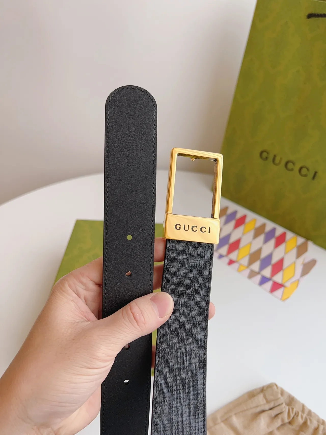 Gucci Ophidia Black Gold Monogram-Coated Rectangular Buckle Leather Belt 4