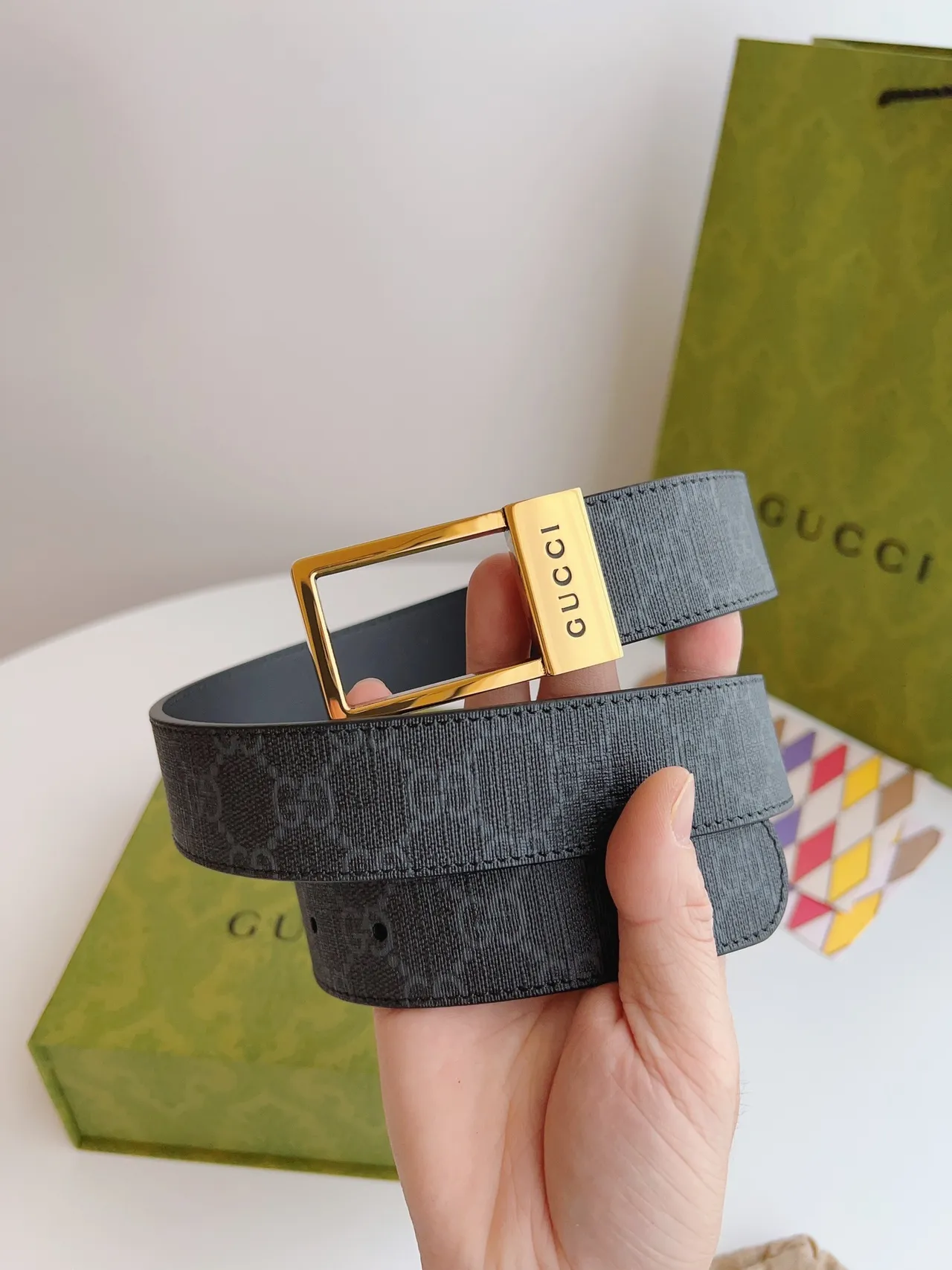 Gucci Ophidia Black Gold Monogram-Coated Rectangular Buckle Leather Belt 5