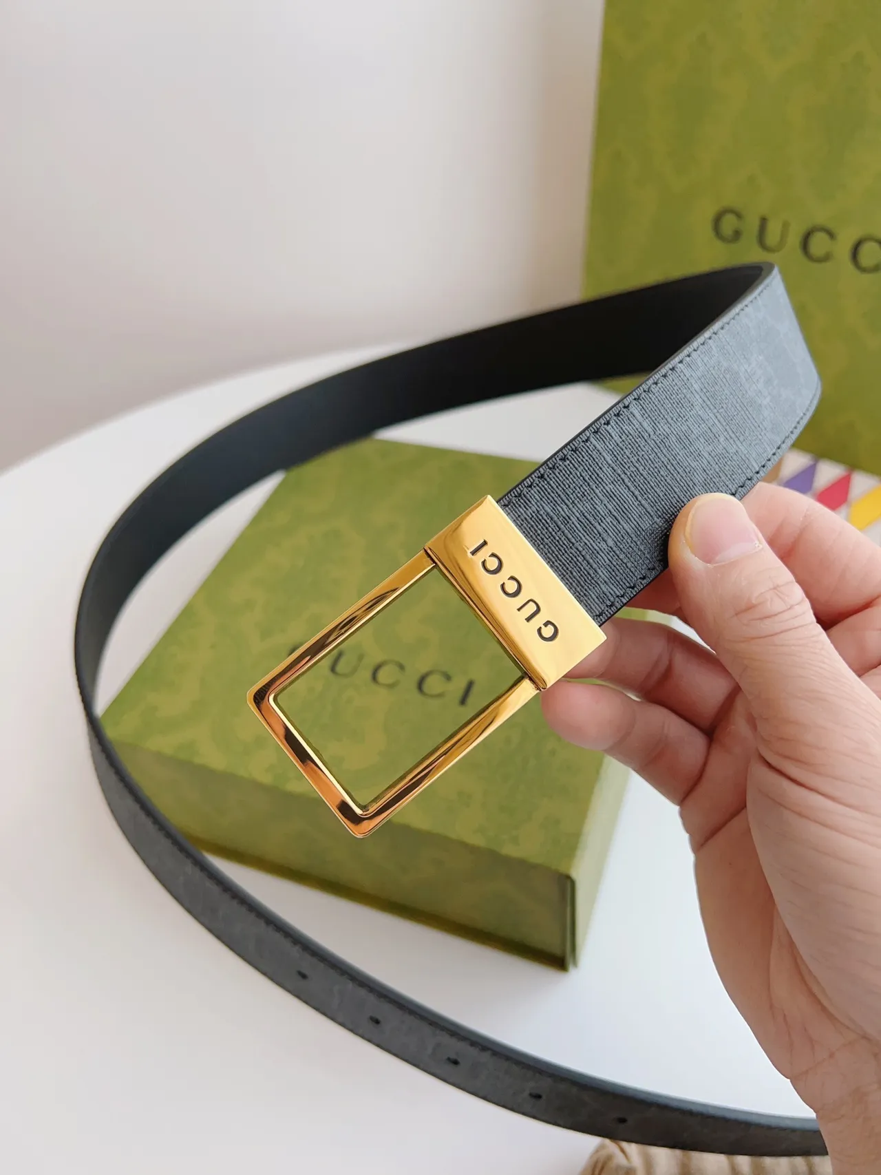 Gucci Ophidia Black Gold Monogram-Coated Rectangular Buckle Leather Belt 7