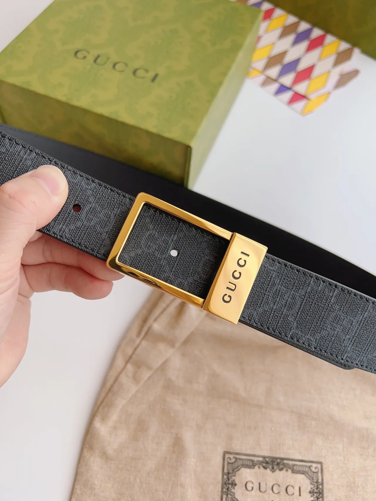 Gucci Ophidia Black Gold Monogram-Coated Rectangular Buckle Leather Belt 8