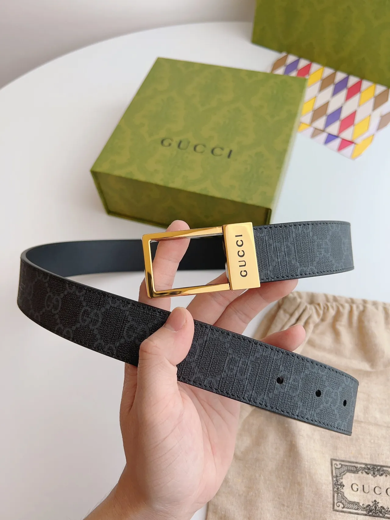 Gucci Ophidia Black Gold Monogram-Coated Rectangular Buckle Leather Belt 9