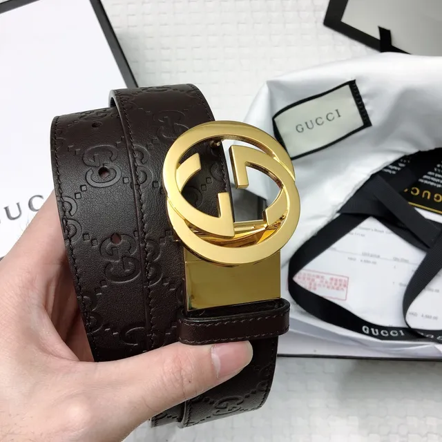 Gucci Ophidia Brown Gold Embossed GG Monogram Interlocking G Buckle Leather Belt 2