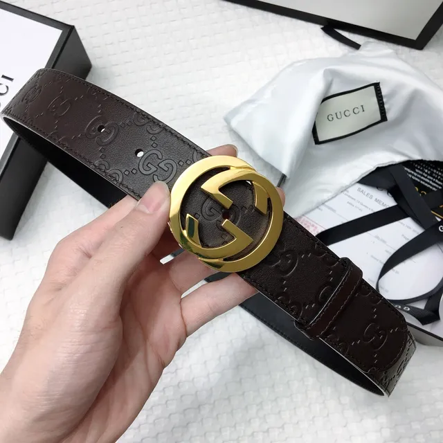 Gucci Ophidia Brown Gold Embossed GG Monogram Interlocking G Buckle Leather Belt 3