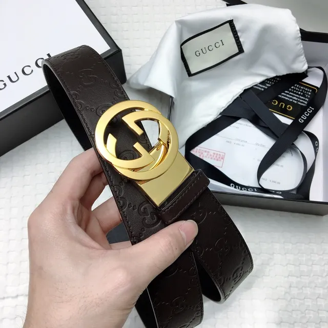 Gucci Ophidia Brown Gold Embossed GG Monogram Interlocking G Buckle Leather Belt 4