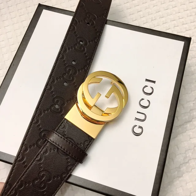Gucci Ophidia Brown Gold Embossed GG Monogram Interlocking G Buckle Leather Belt 6