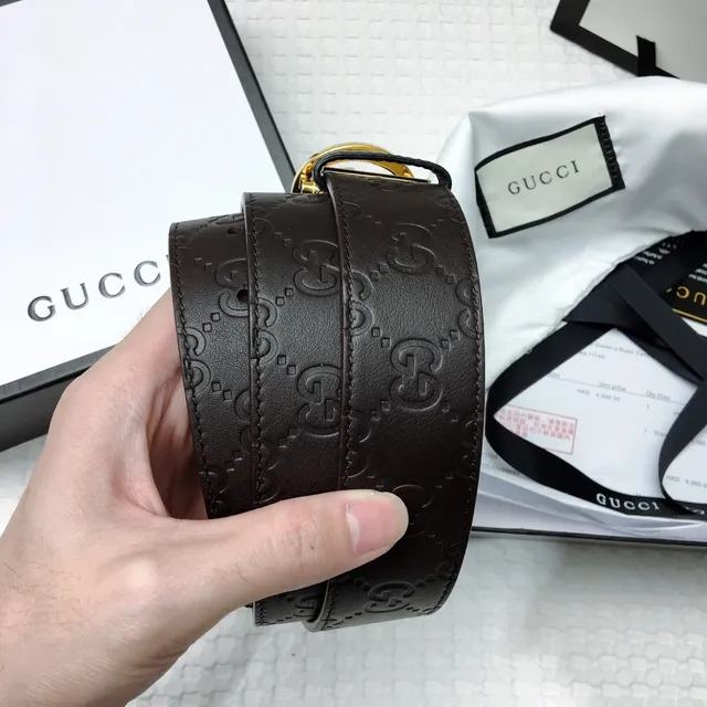 Gucci Ophidia Brown Gold Embossed GG Monogram Interlocking G Buckle Leather Belt 8
